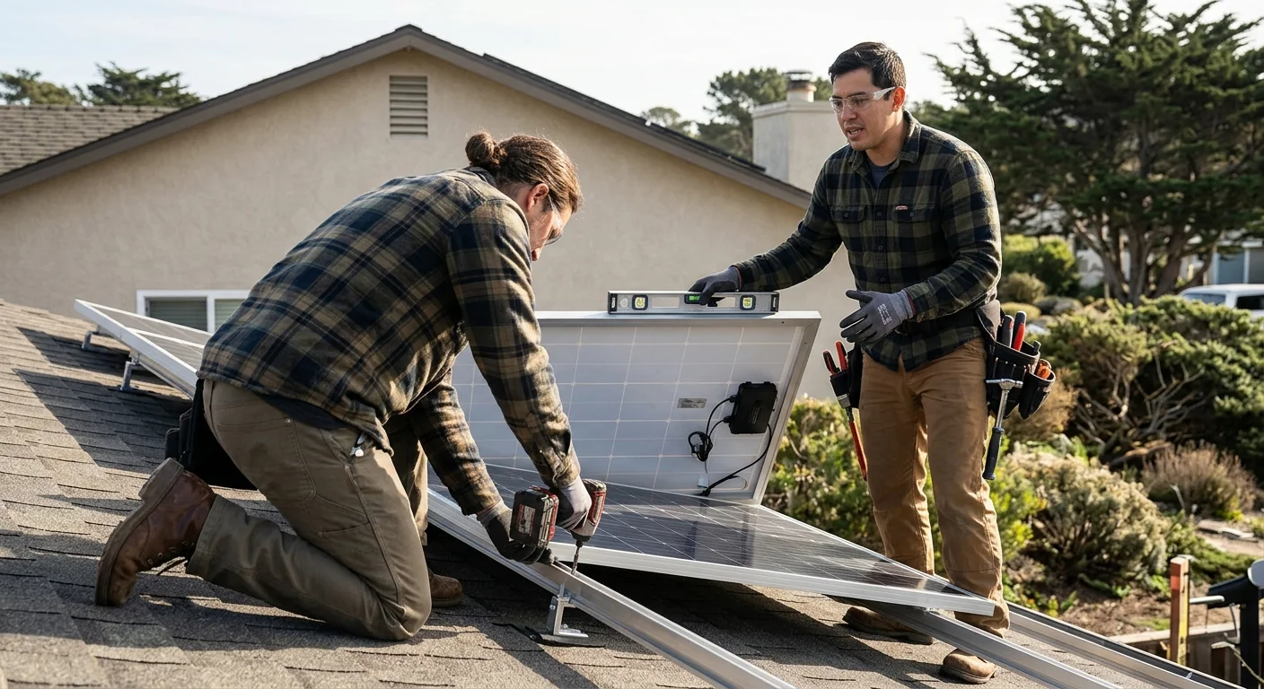 Solar crew installing rooftop panel array on a Marina commercial building