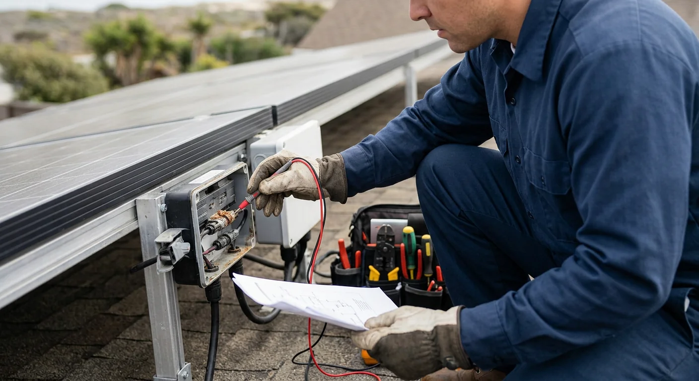 Technician inspecting an aging inverter and service panel at a commercial site