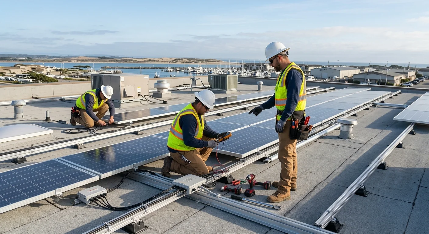 Wide rooftop view of a Marina commercial building with newly mounted solar array
