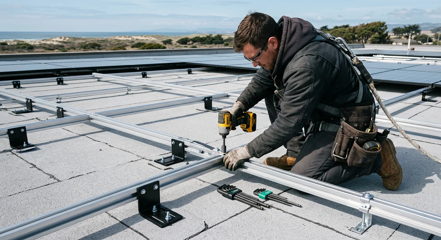 Close-up of racking rails and mounting hardware secured on a flat commercial roof