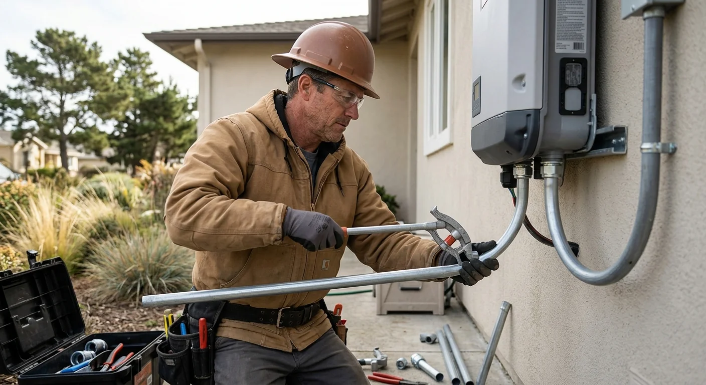 Technician routing conduit toward a string inverter on an exterior wall