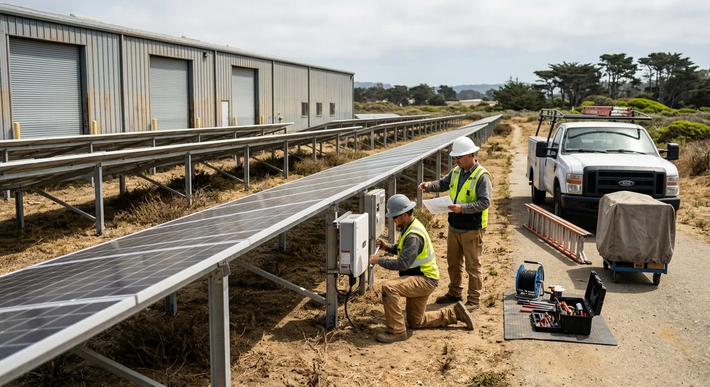 Rows of ground-mount solar panels installed behind a Marina warehouse
