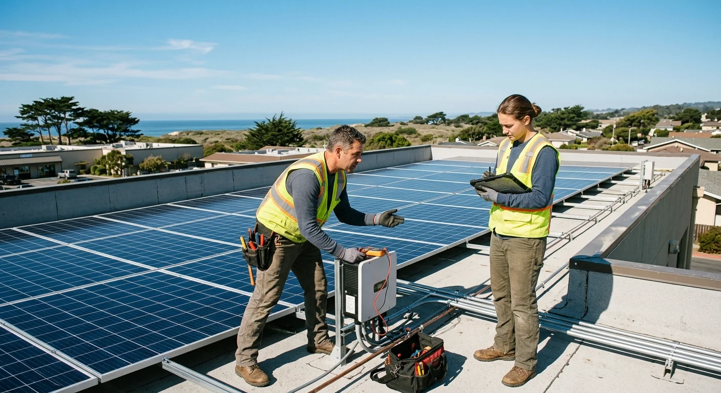 Finished commercial solar system generating power under clear coastal skies