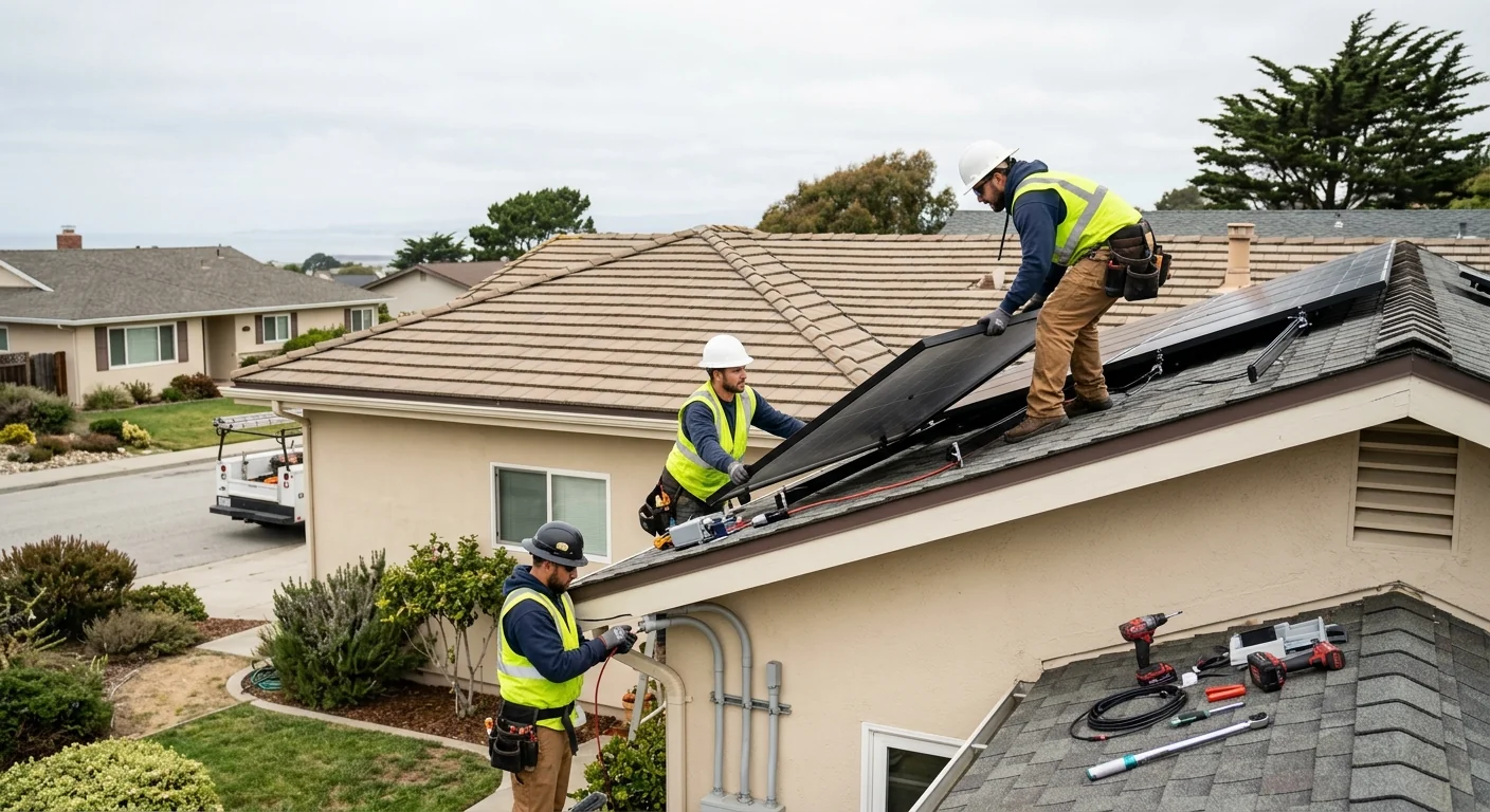 Solar technician reviewing commercial array wiring on a Marina rooftop