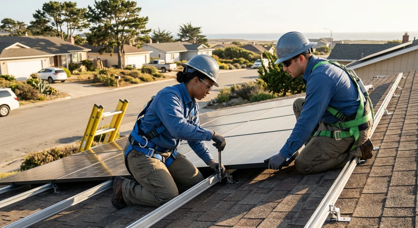 Off-grid solar battery bank and inverter setup at a Marina coastal home