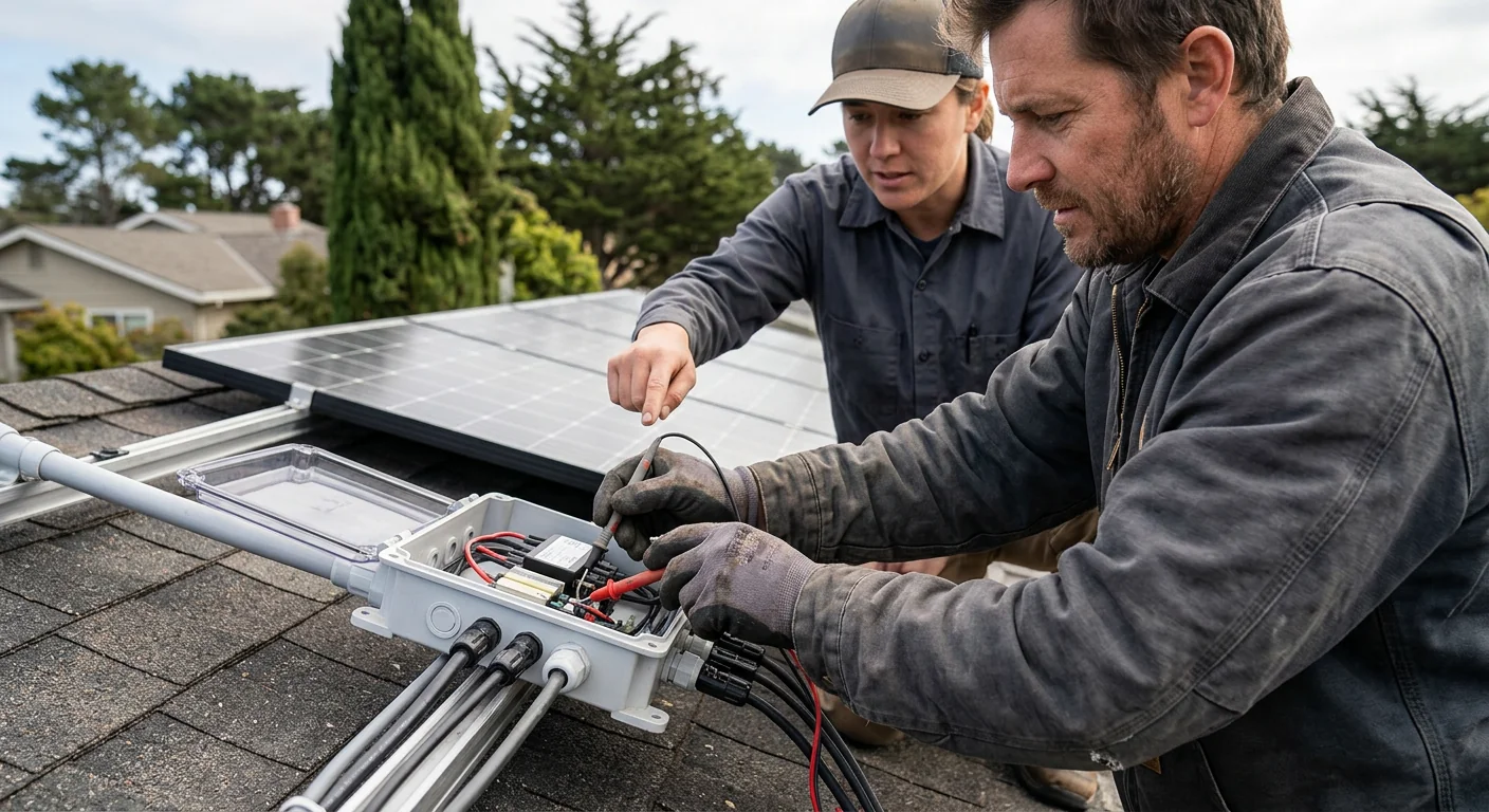 Technician checking charge controller readings on a Marina solar setup
