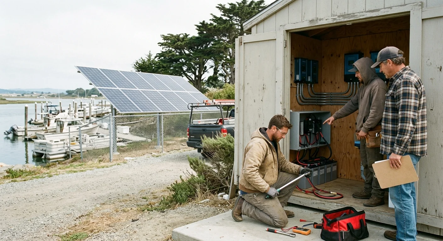 Off-grid solar array with battery bank installed at a rural Marina property