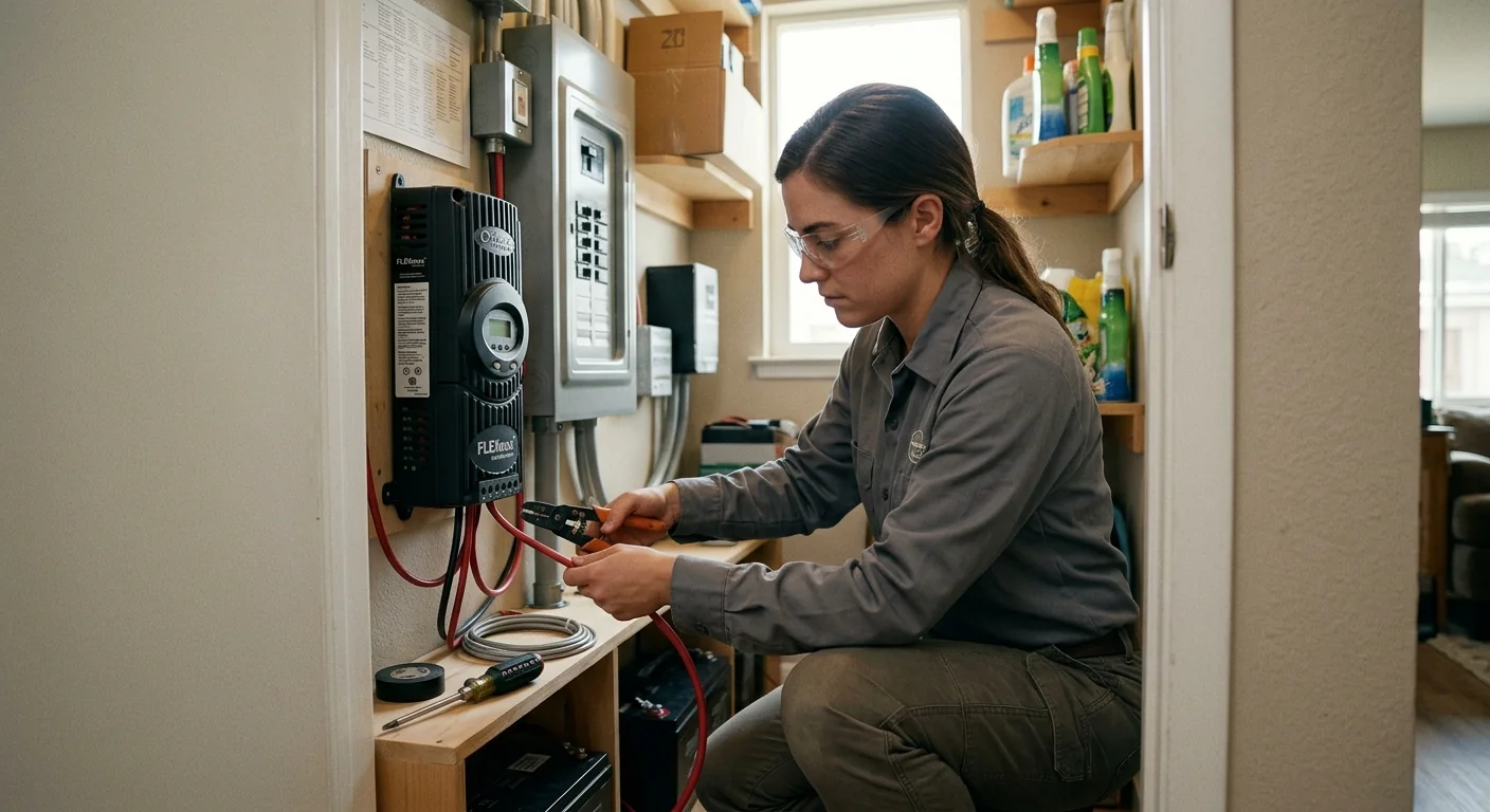 Technician wiring a charge controller inside a Marina home equipment closet