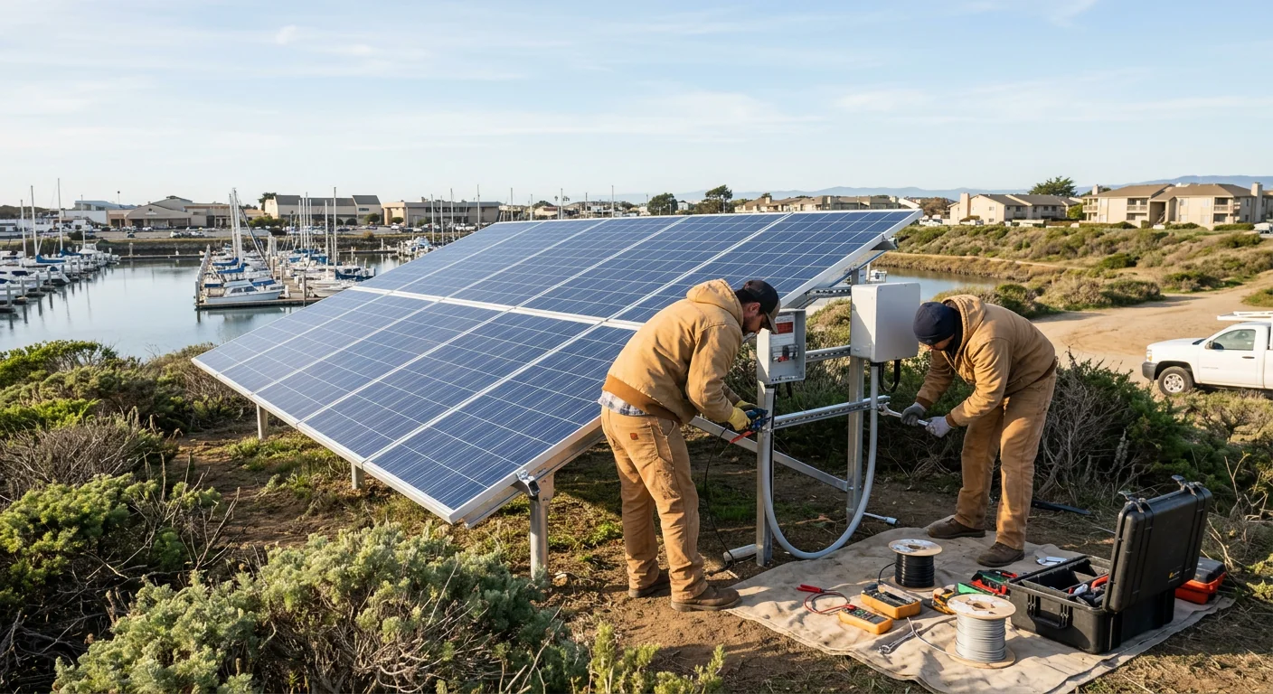 Wide shot of ground-mounted off-grid panels facing coastal Marina sunlight
