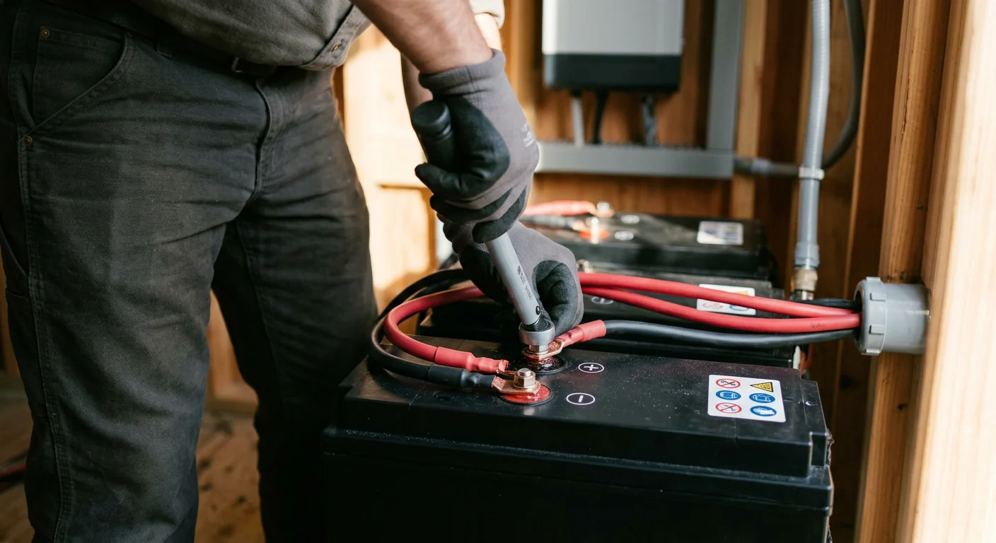 Close-up of sealed lithium battery terminals during an off-grid installation