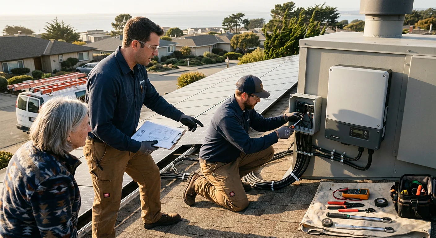 Rooftop panel strings feeding an off-grid inverter on a Marina residence