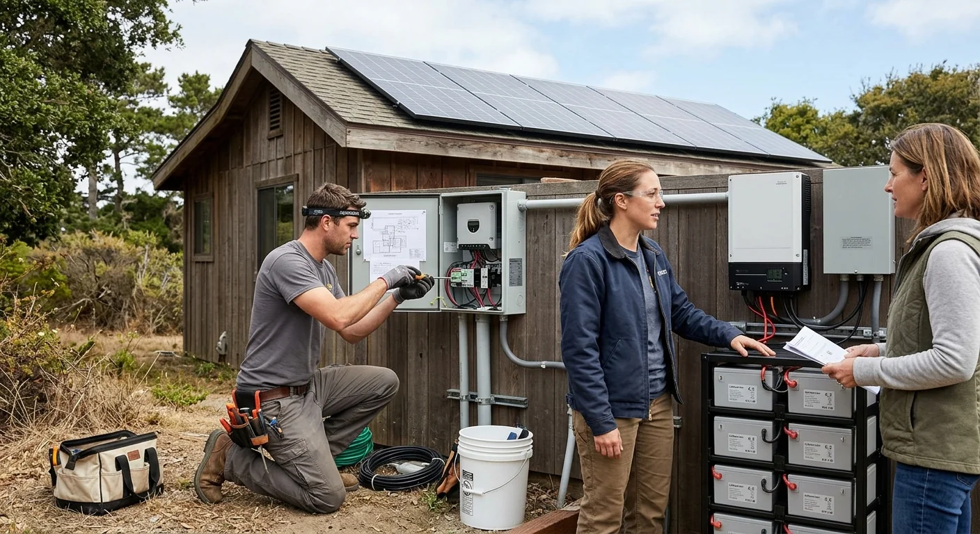 Finished off-grid solar setup powering a small cabin near Marina