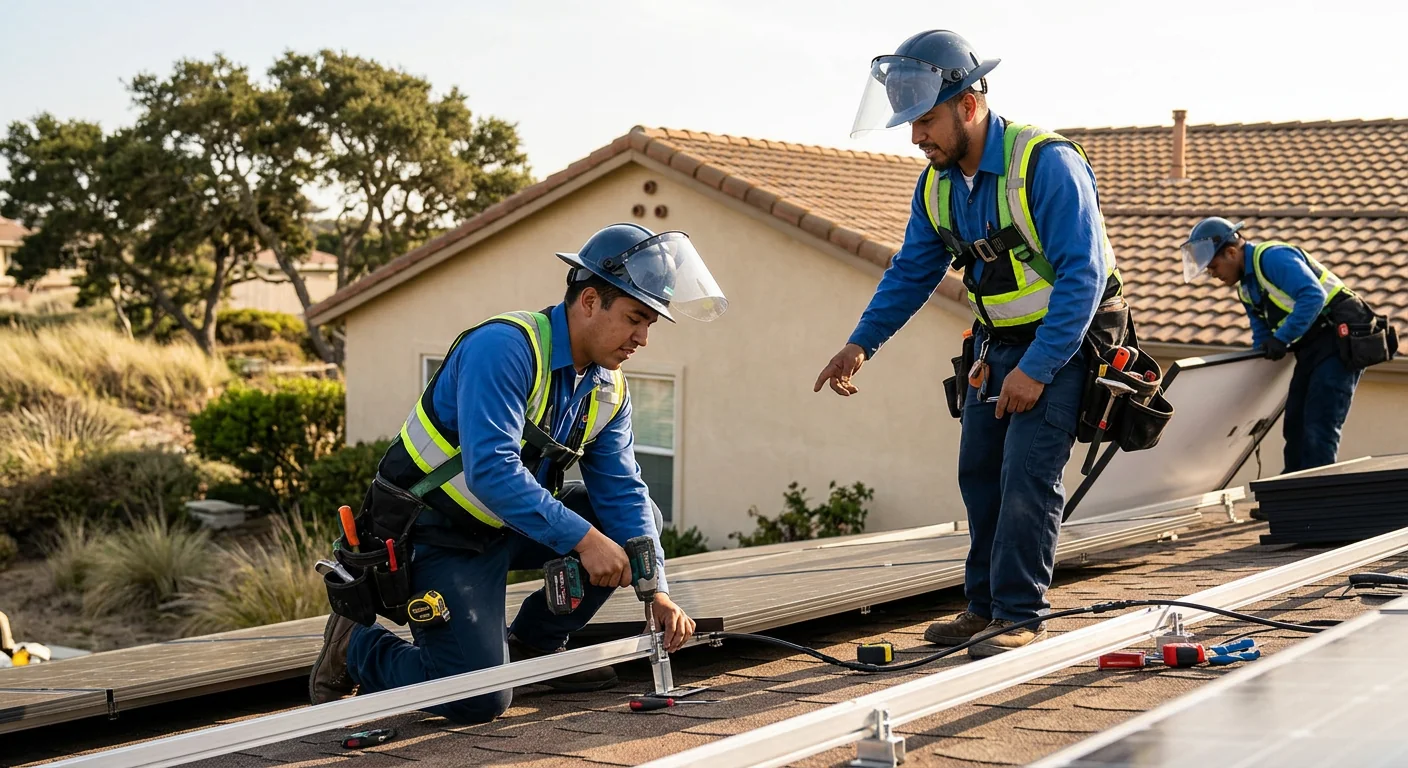 Technician wiring an off-grid solar inverter at a Marina property