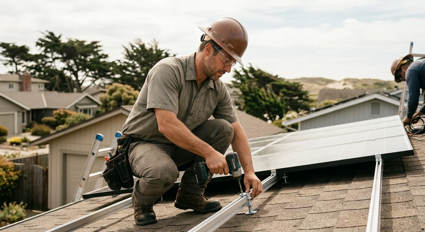 Technician reviewing residential solar cost estimate with Marina homeowner at kitchen table