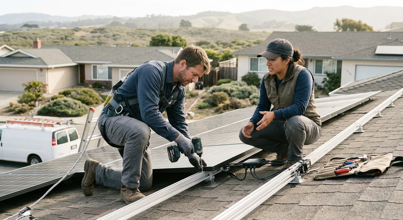 Solar technician installing rooftop panels on a Marina home in clear weather