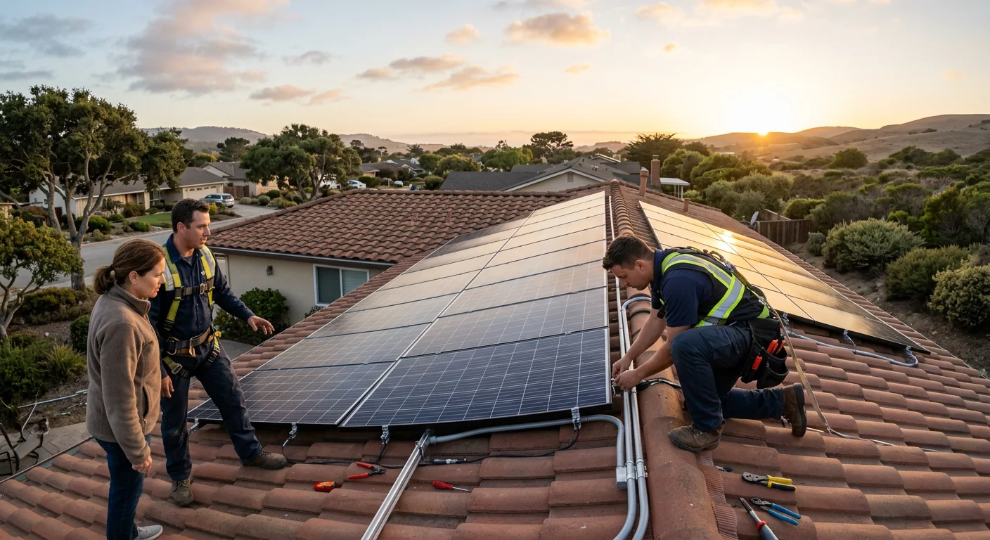 Wide shot of finished residential solar installation on a tile roof at sunset