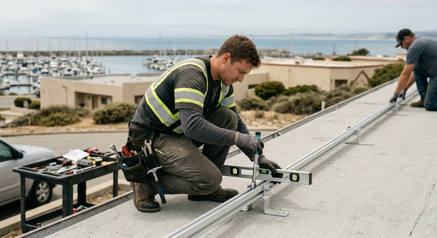 Technician aligning rail mounts before panel placement on a Marina rooftop