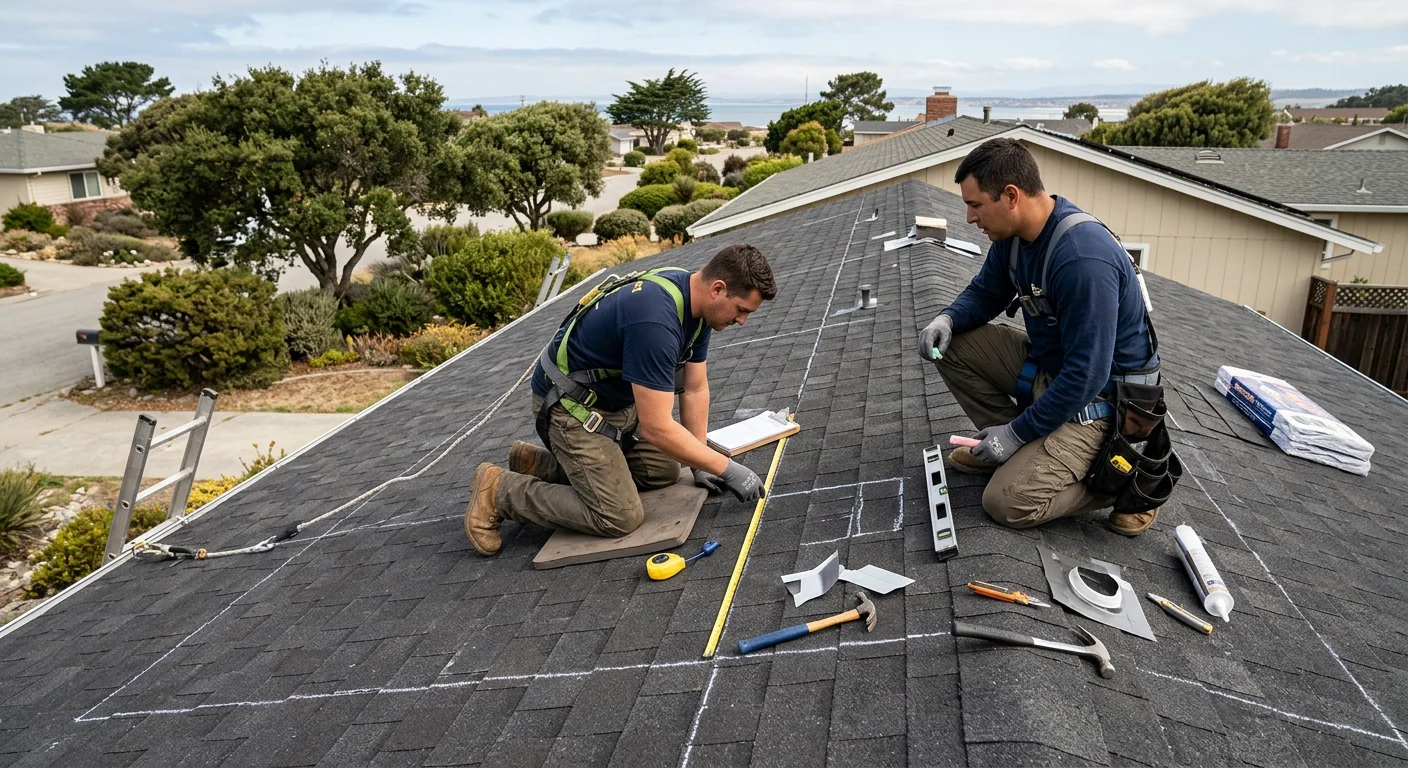 Before context of a bare asphalt shingle roof ready for solar panel layout