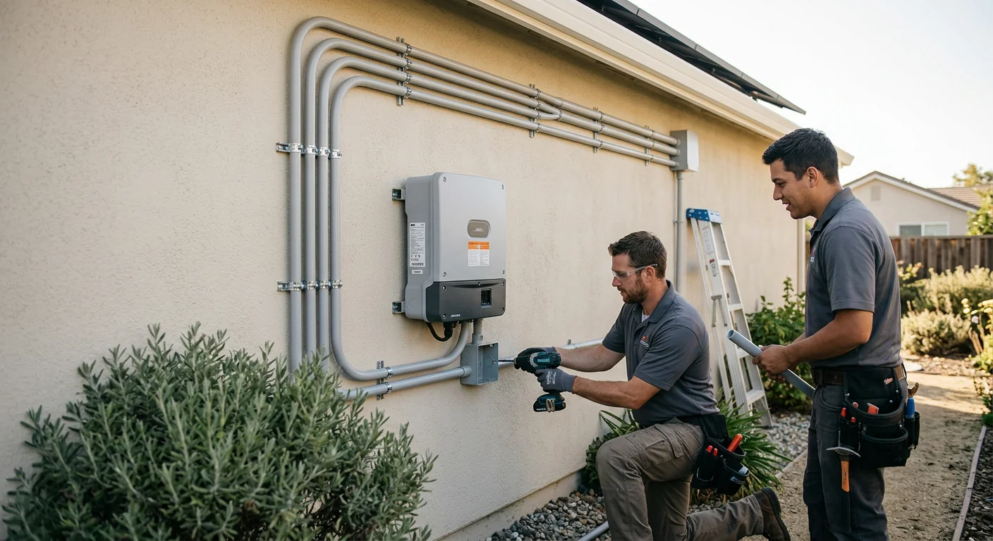 String inverter and conduit run neatly finished along an exterior home wall