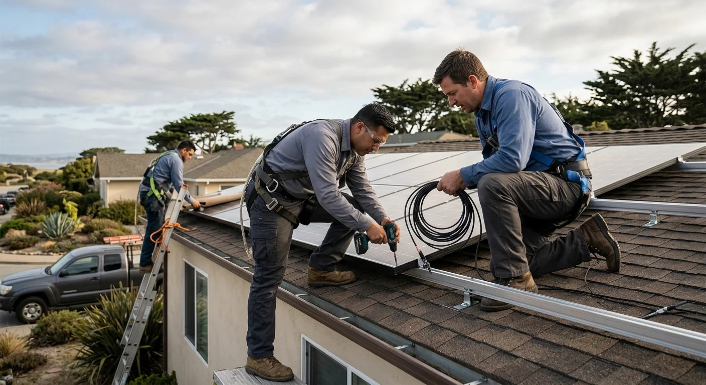 Solar crew installing rooftop panels on a Marina home