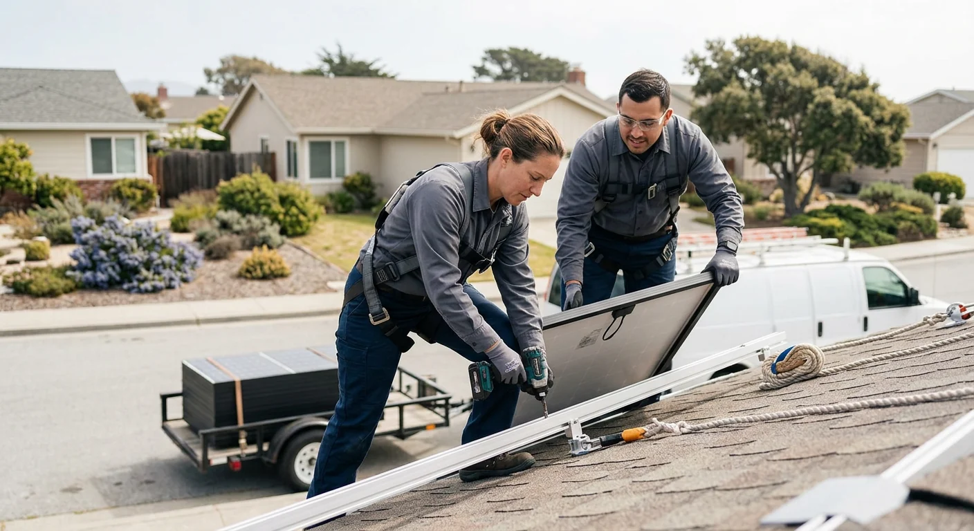 Technician reviewing battery storage options with a Marina homeowner during a cost assessment