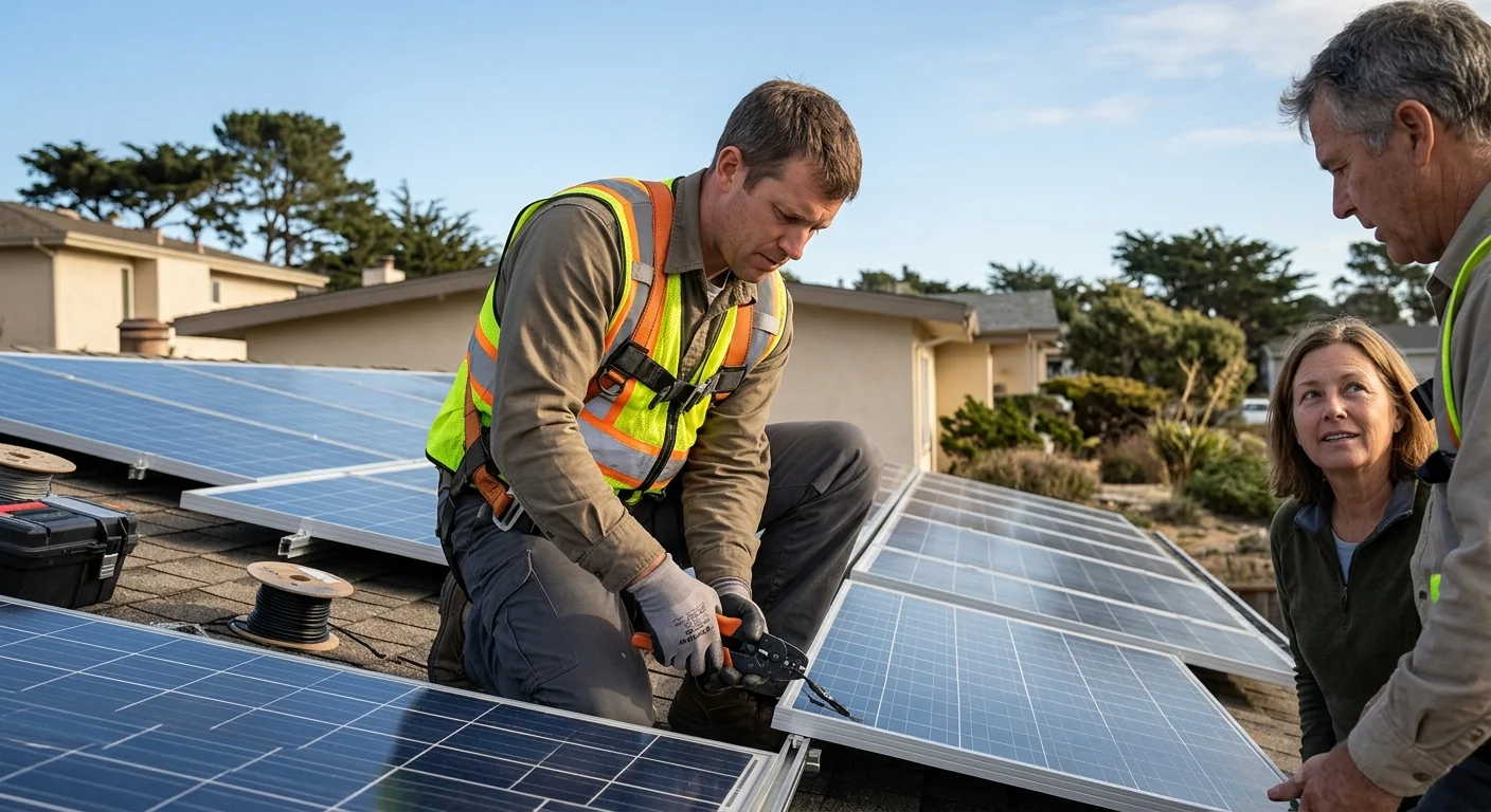 Technician installing a home solar battery unit inside a Marina garage