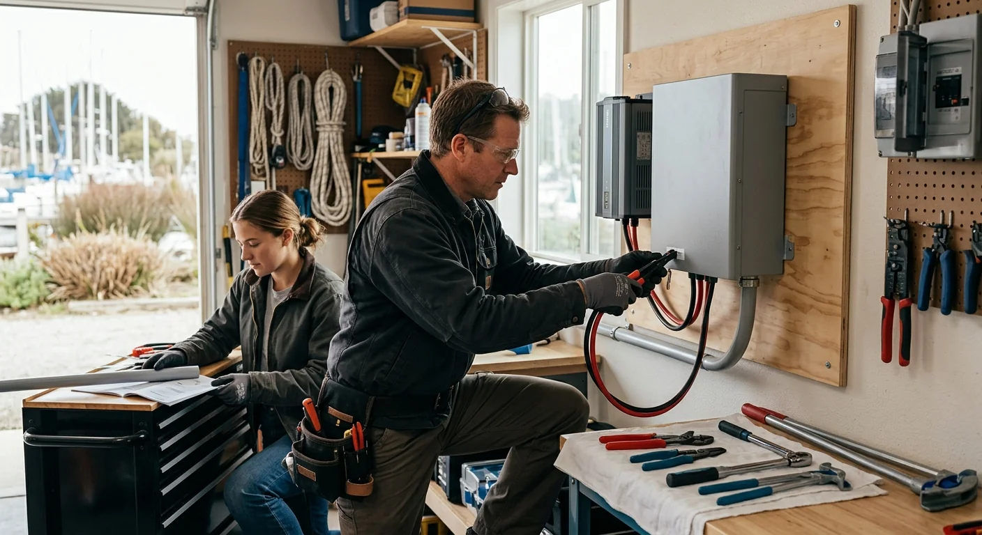 Wall-mounted lithium battery unit installed inside a tidy Marina garage during setup