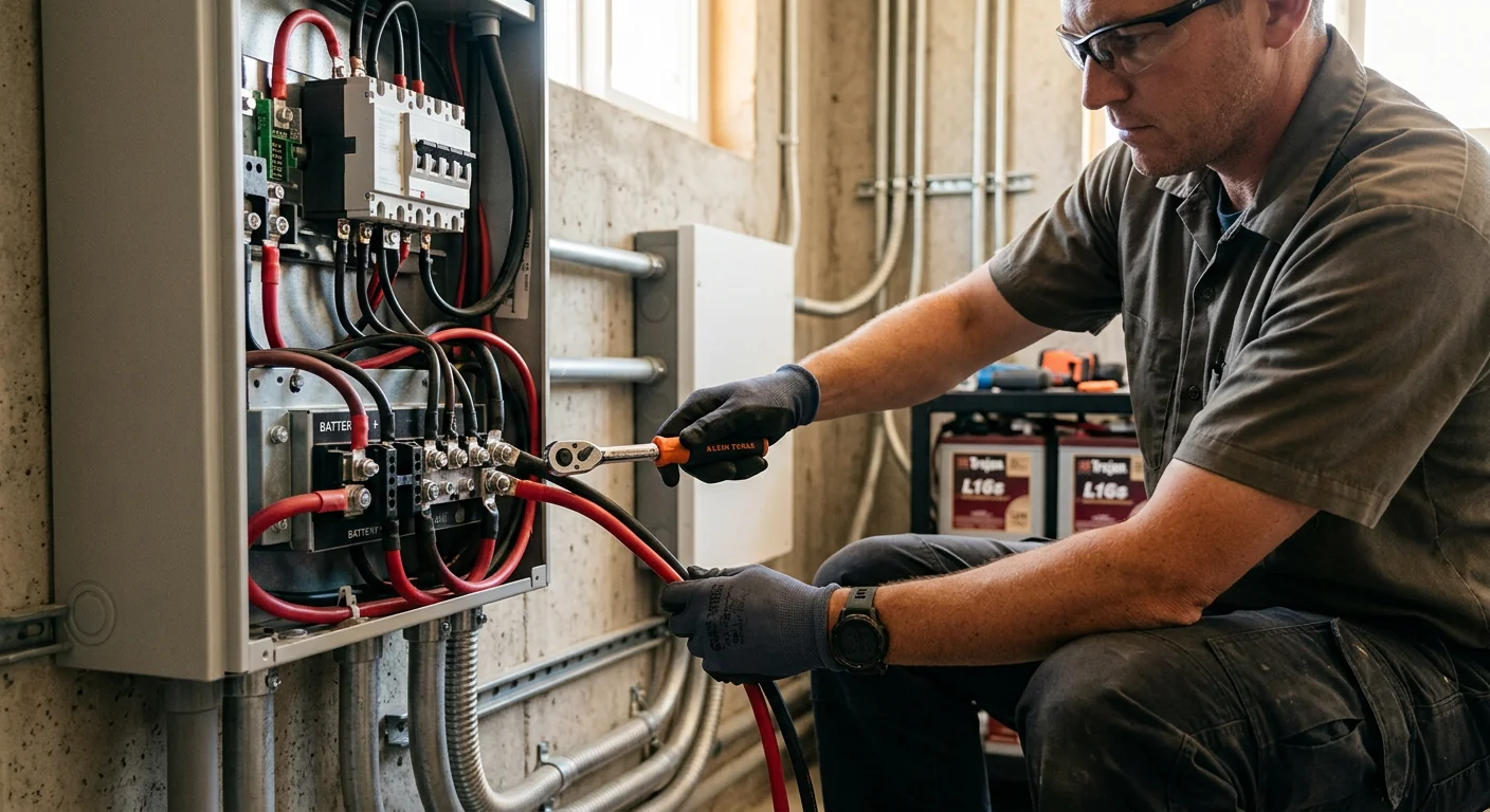 Close-up of battery terminals and conductors being wired to a hybrid inverter