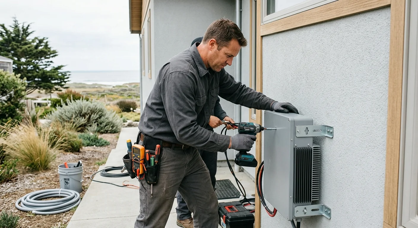 Technician mounting a solar battery enclosure on an exterior wall near the coast