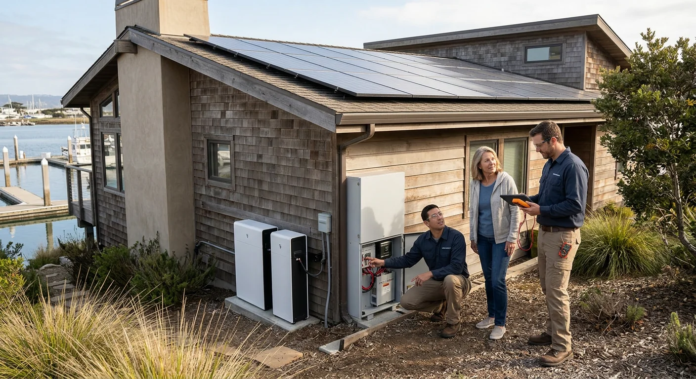 Wide shot of a Marina home with rooftop panels and finished battery backup system