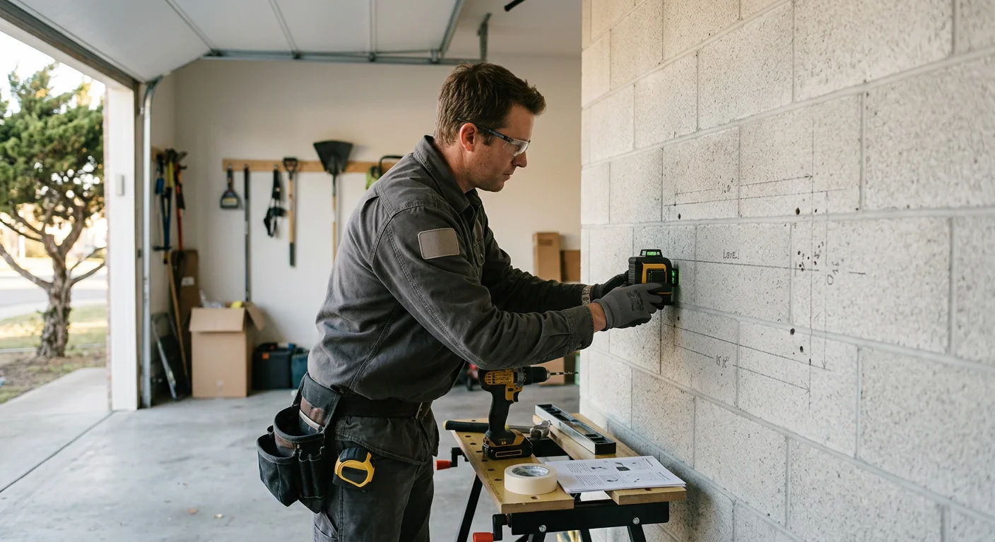 Before context of an empty garage wall marked for battery bracket placement