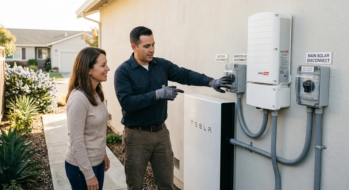 Combined battery and inverter setup with labeled disconnects on a residential wall