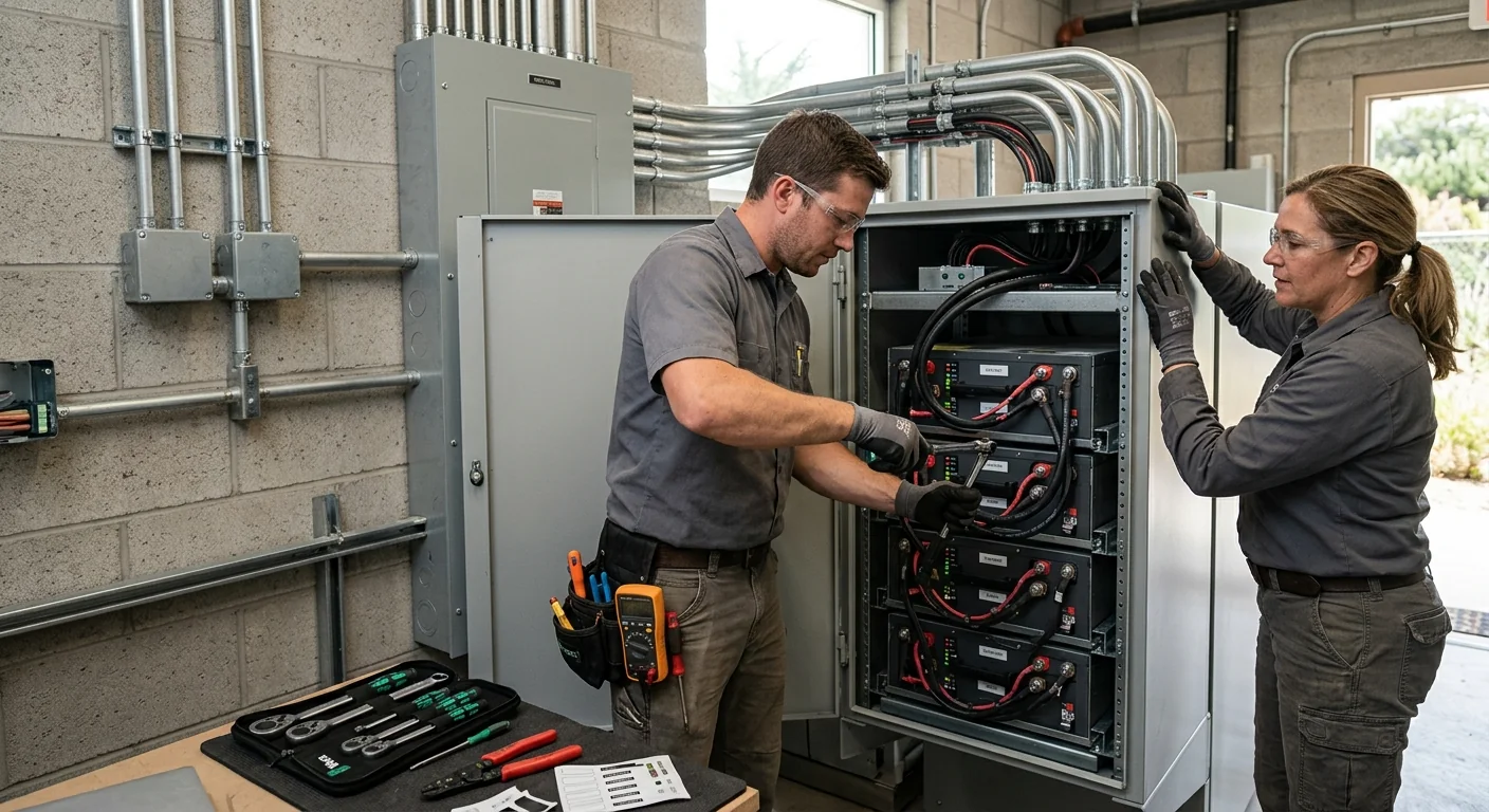 Commercial building storage cabinet with multiple stacked battery modules and conduit runs