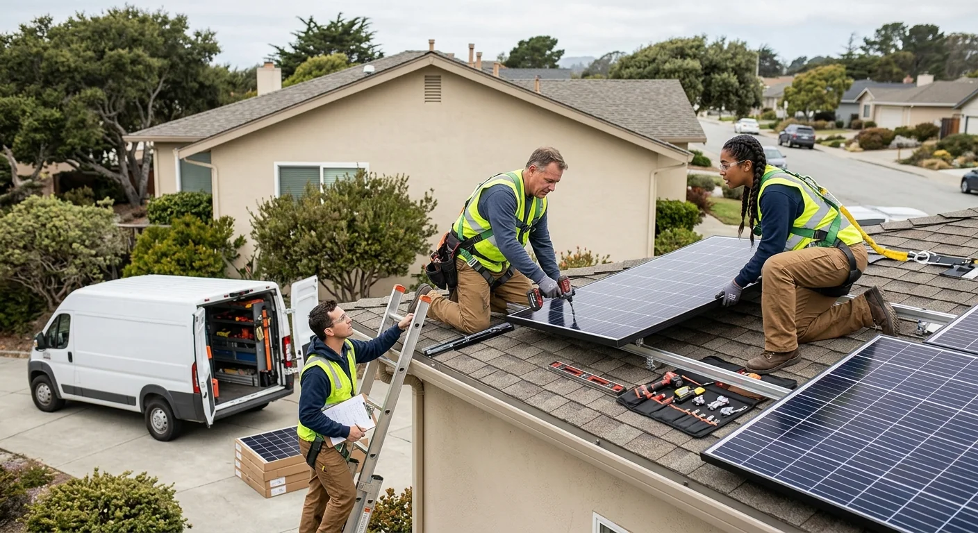 Installers securing a home battery unit at a Marina residence