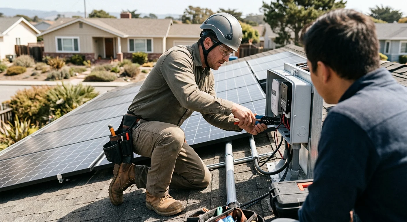 Technician reviewing inverter pricing options with a Marina homeowner at kitchen table