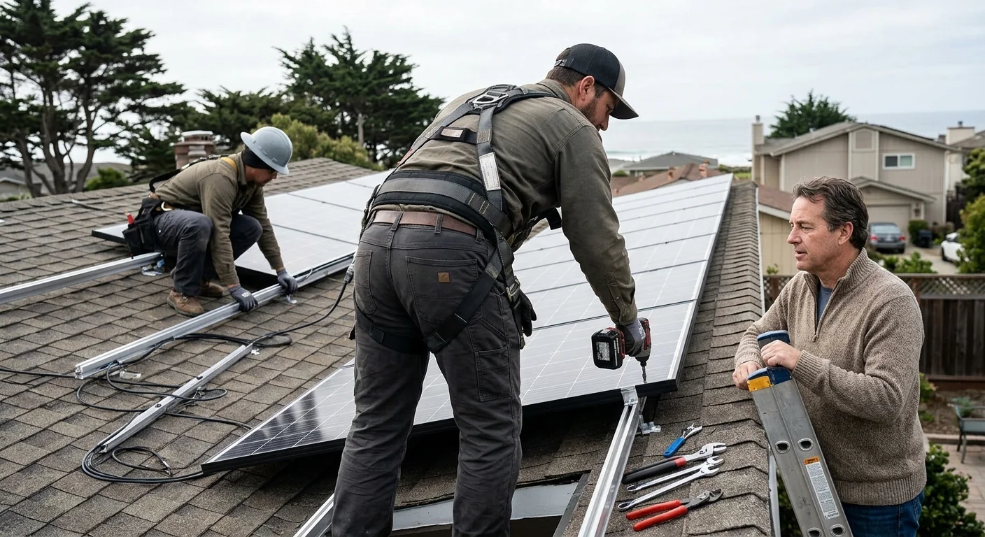 Technician commissioning a new solar inverter on a Marina home exterior wall