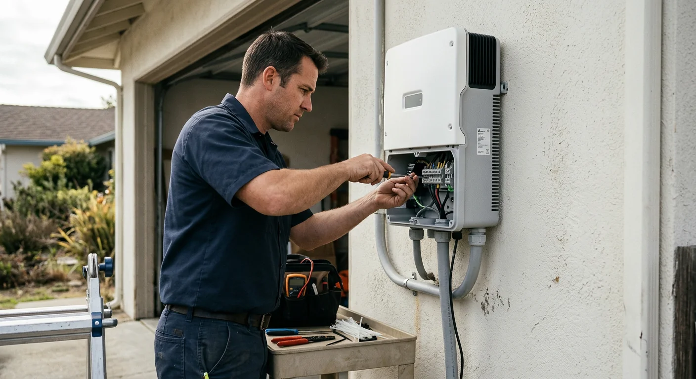 Close-up of a newly mounted string inverter on a Marina garage wall