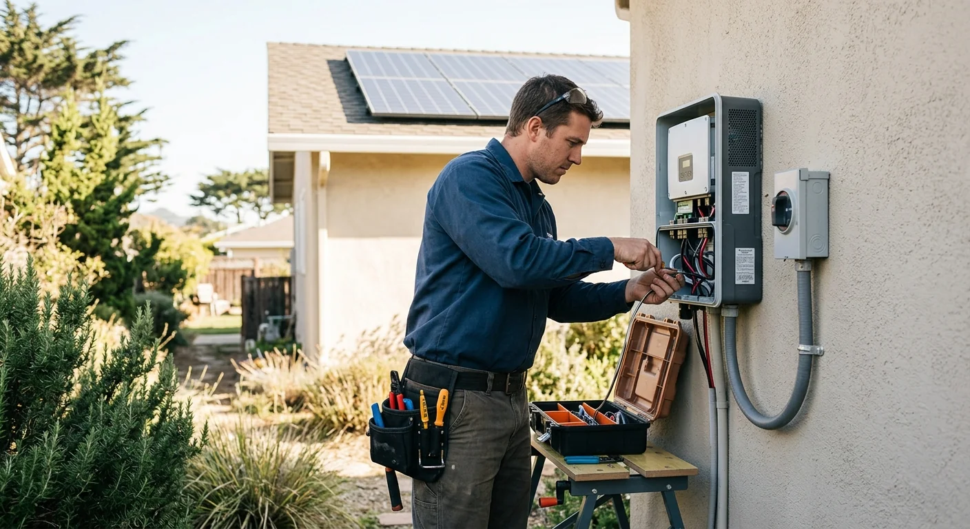 Technician wiring a hybrid inverter to a residential solar array outdoors