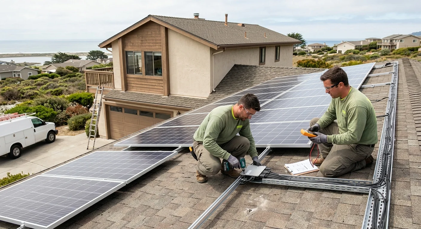 Wide shot of rooftop microinverters installed on a coastal Marina home