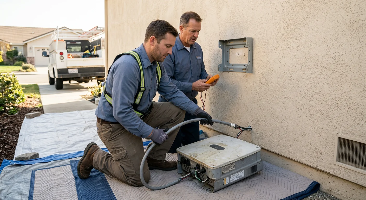 Older failing inverter removed before replacement on a stucco exterior wall