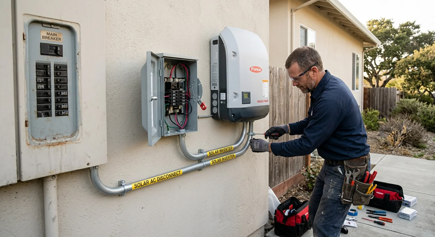 Finished inverter and disconnect setup neatly labeled beside an electrical panel