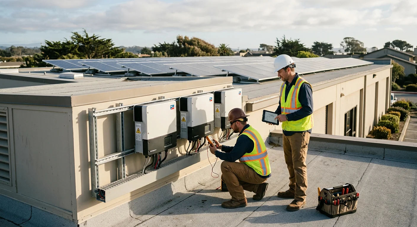 Commercial building with rack-mounted inverters serving a rooftop solar system