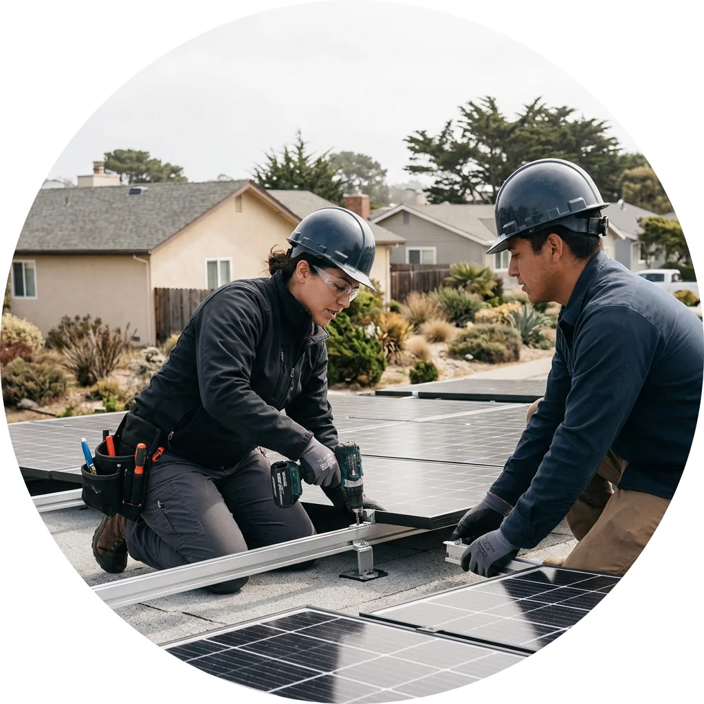 Technician inspecting a solar battery system for a Marina home