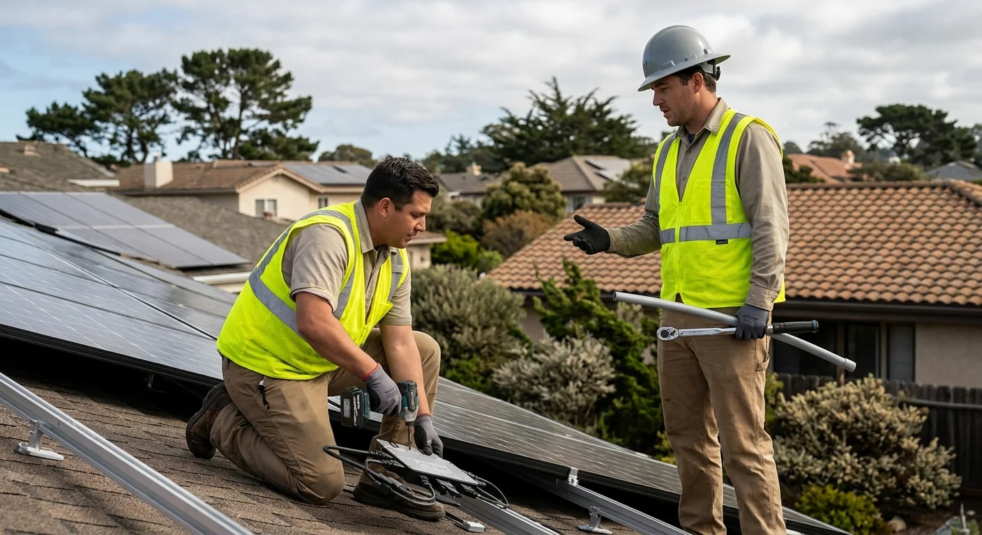 Solar installer explaining inverter setup and paperwork to a Marina homeowner after commissioning