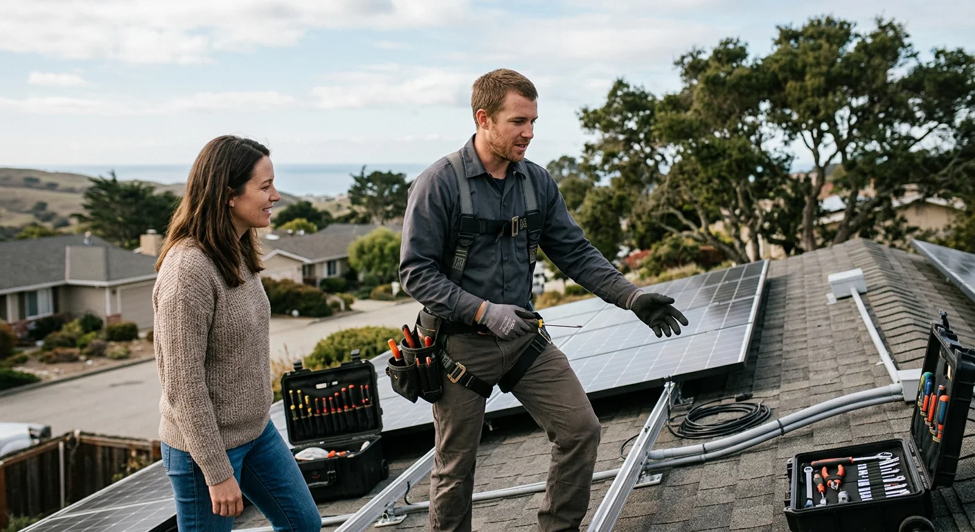 Solar technician reviewing installation notes with a homeowner outside a Marina home