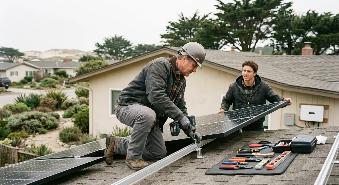 Friendly solar technician reviewing a written estimate with a homeowner in Marina