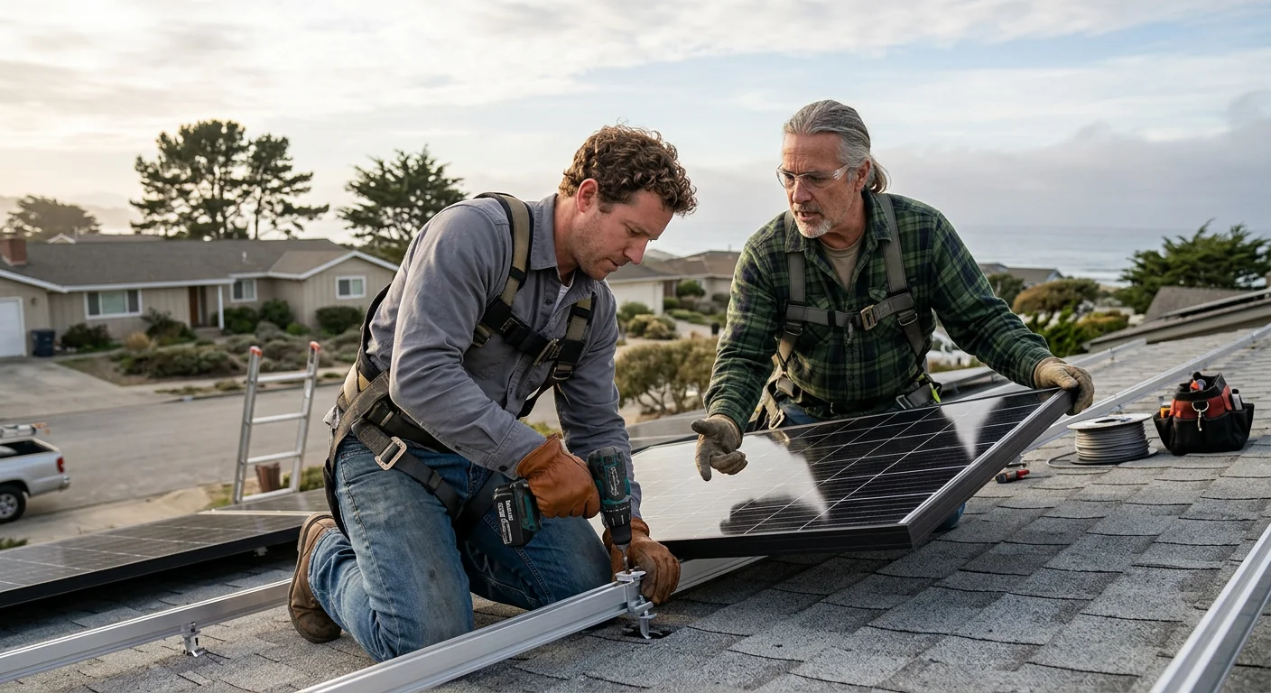 Solar crew staging racking and safety gear at a coastal Marina property