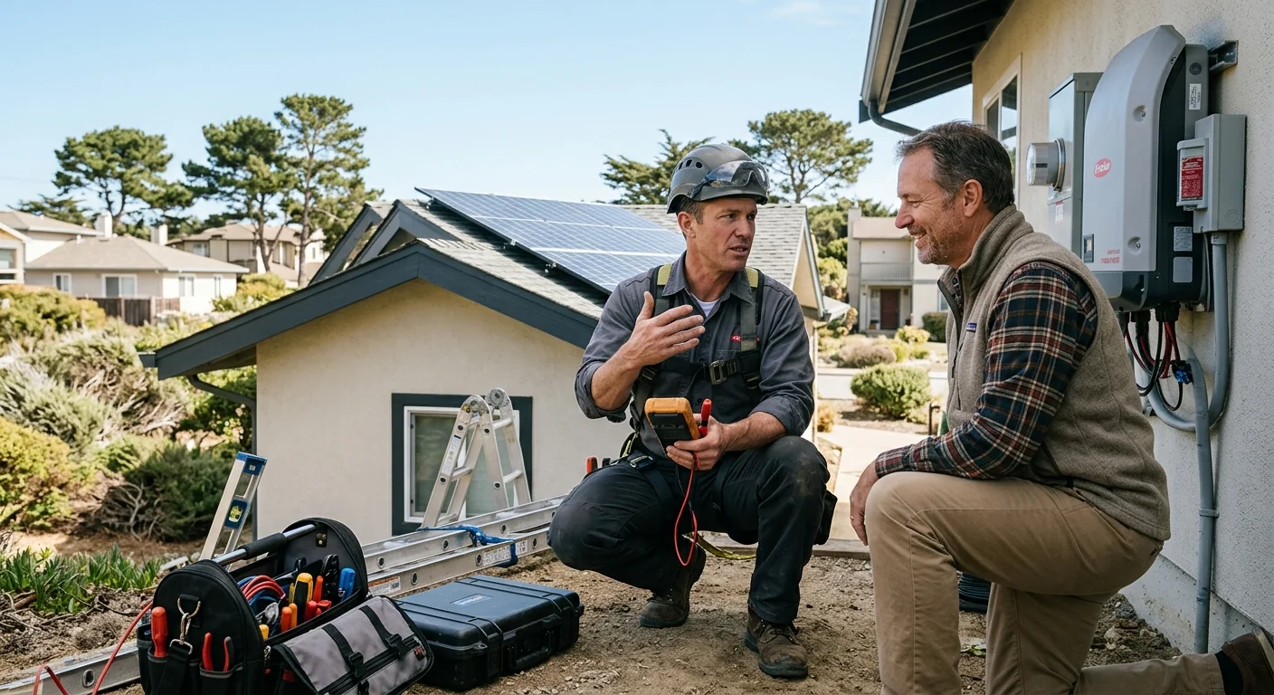 Solar technician reviewing rooftop panel layout with a Marina homeowner during an estimate