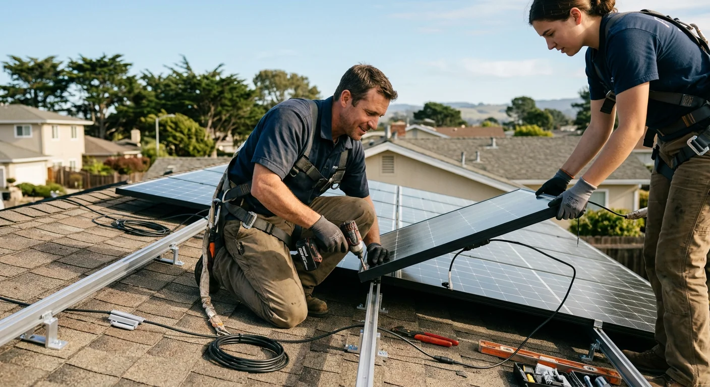 Solar installer reviewing rooftop panel layout across a Marina neighborhood