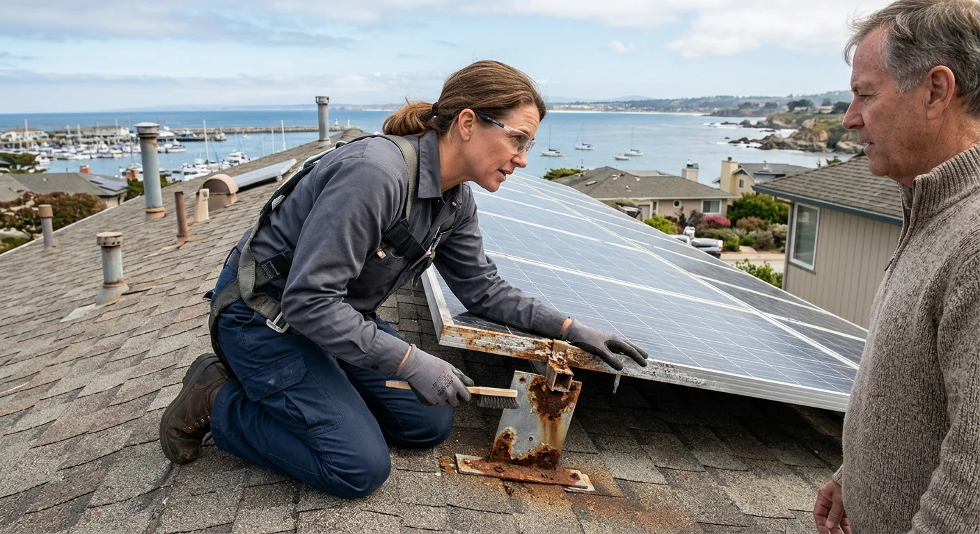 Technician inspecting corroded rooftop solar mounting hardware on a coastal Marina home